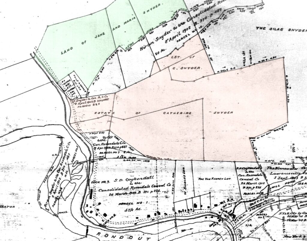 Snyder property section of the 1903 map of the Consolidated Rosendale Cement Company properties.